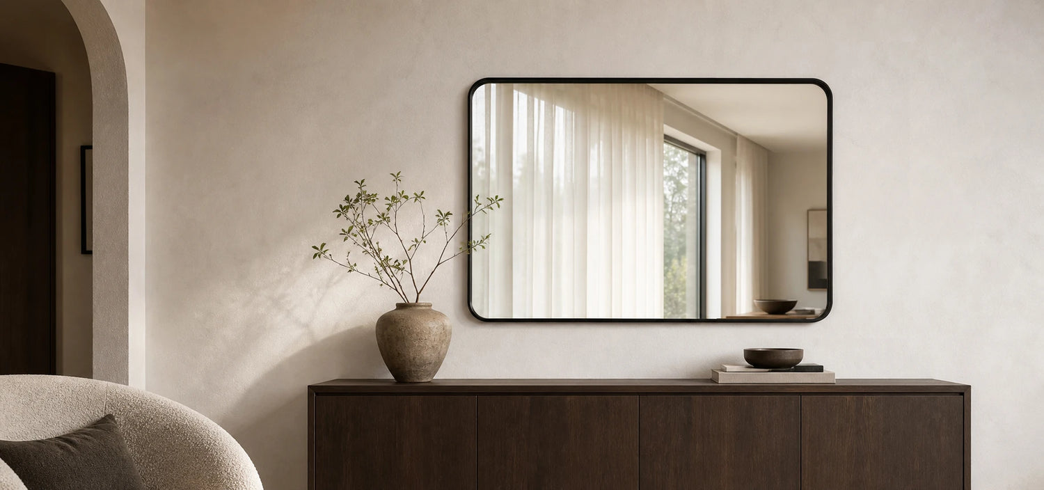 Black rounded-corner wall mirror above a dark wood sideboard in a warm modern interior