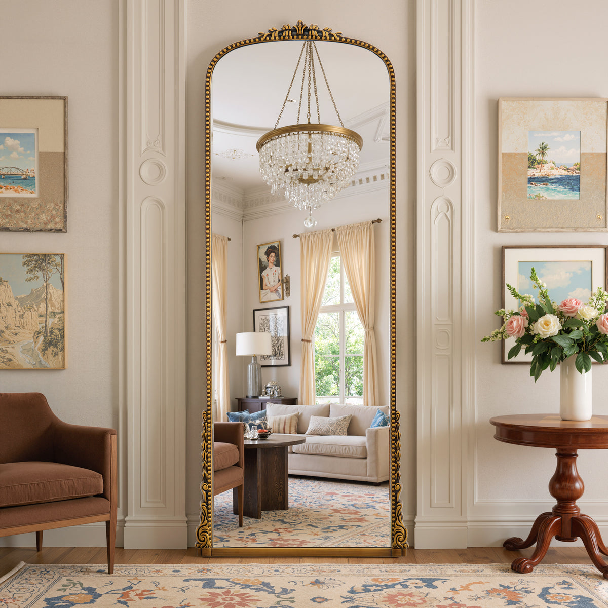 Aurelia antique gold ornate arched full-length mirror in a living room