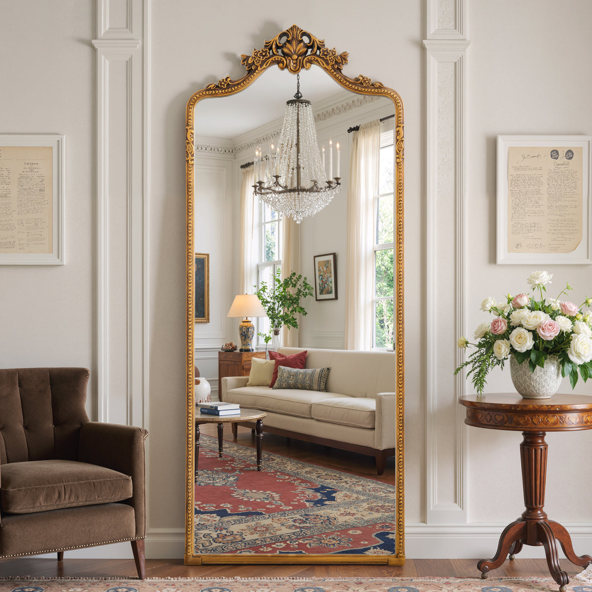 Vivienne antique gold floral crest full-length mirror in a living room
