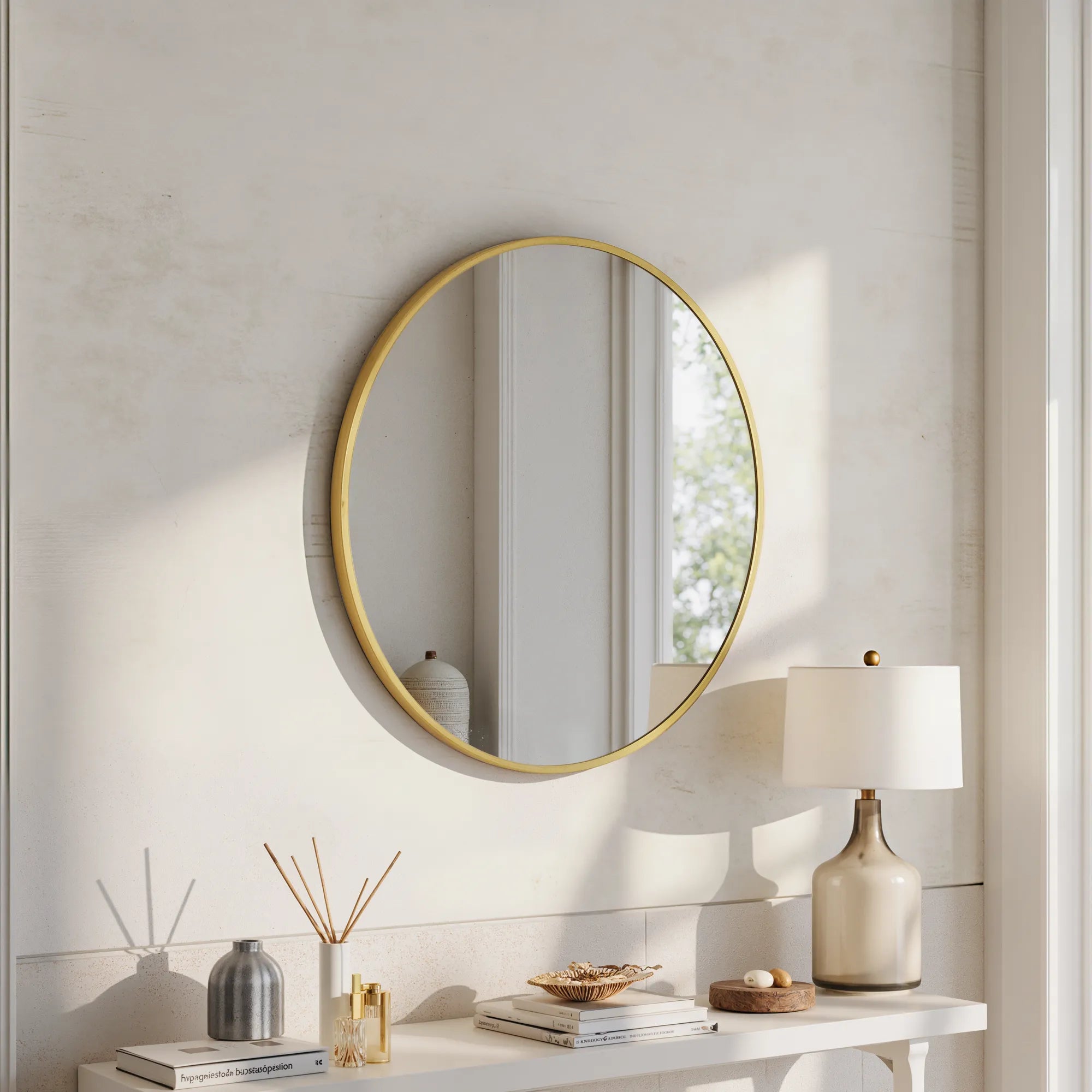 Sylvie gold round wall mirror above a white console with a table lamp and reed diffuser in a bright room
