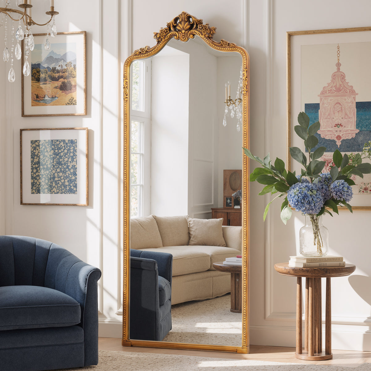 Vivienne antique gold floral crest full-length mirror shown at an angle