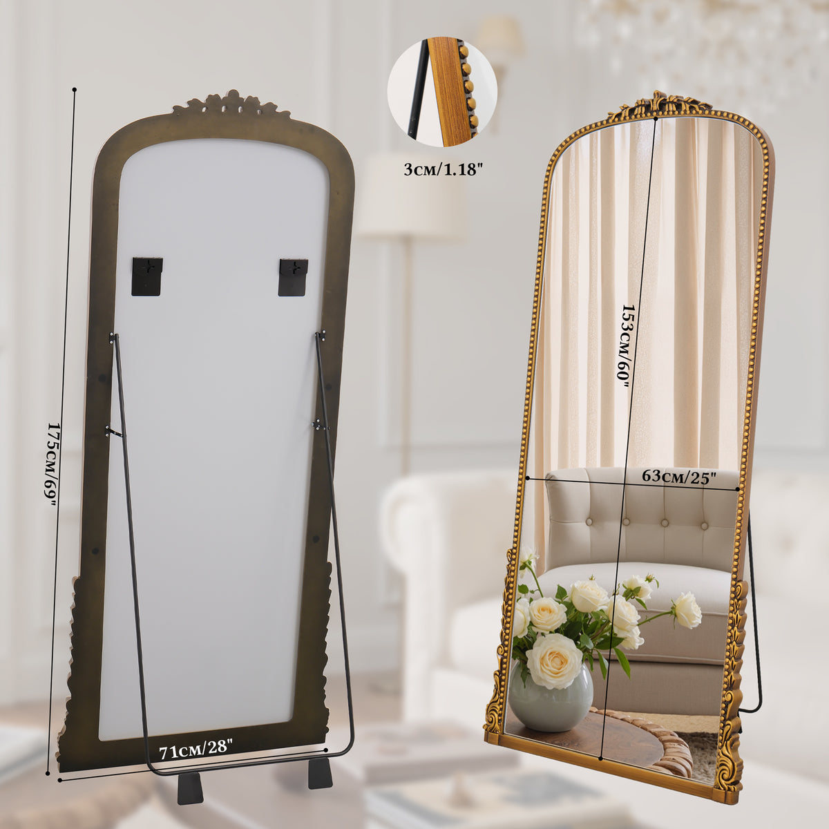 Front and rear views of Aurelia antique gold mirror with stand and dimensions