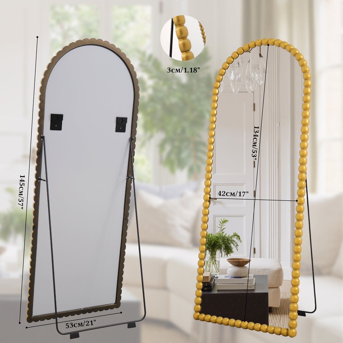 Front and rear views of Delphine antique gold mirror with stand and dimensions