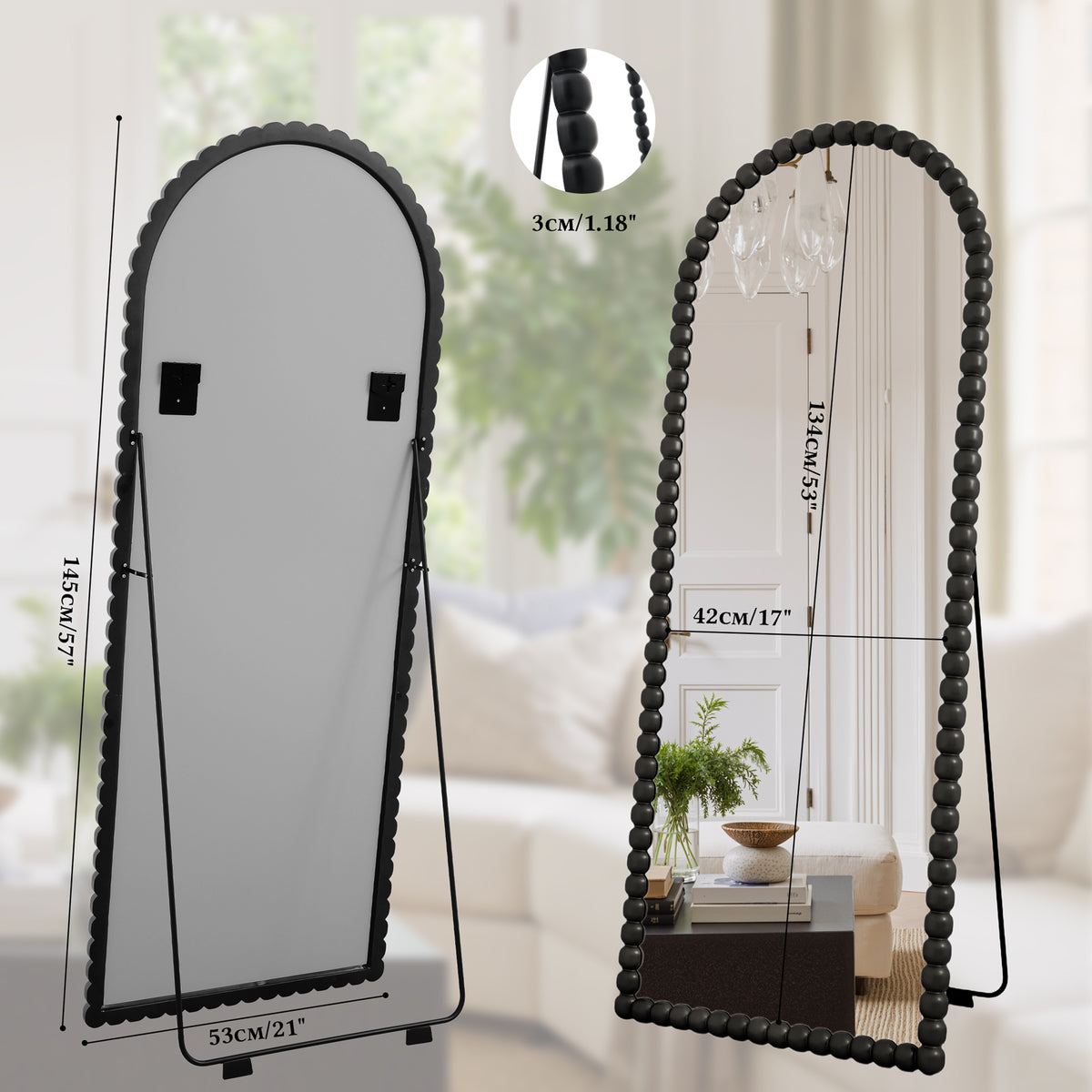 Front and rear views of Delphine black mirror with stand and dimensions