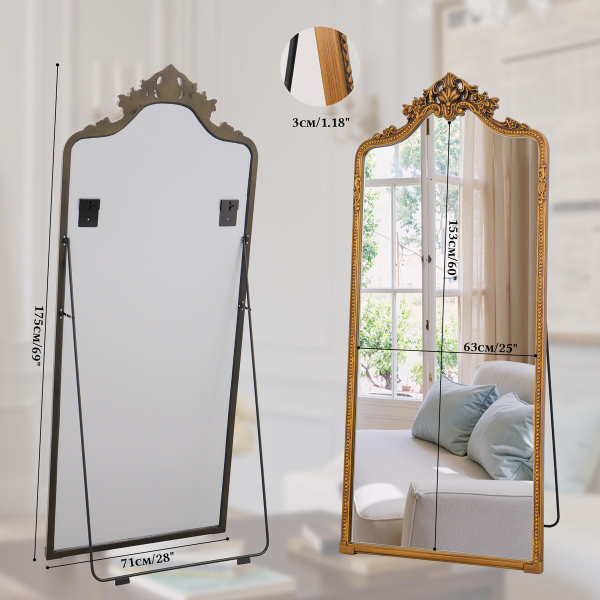 Front and rear views of Vivienne antique gold mirror with stand and dimensions