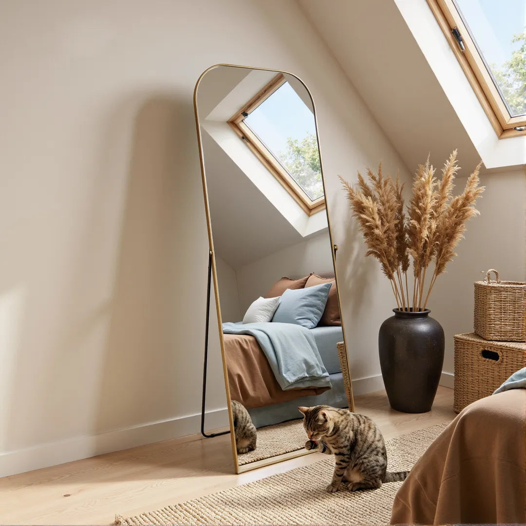 Elliot gold curved full-length mirror standing in a bright attic bedroom