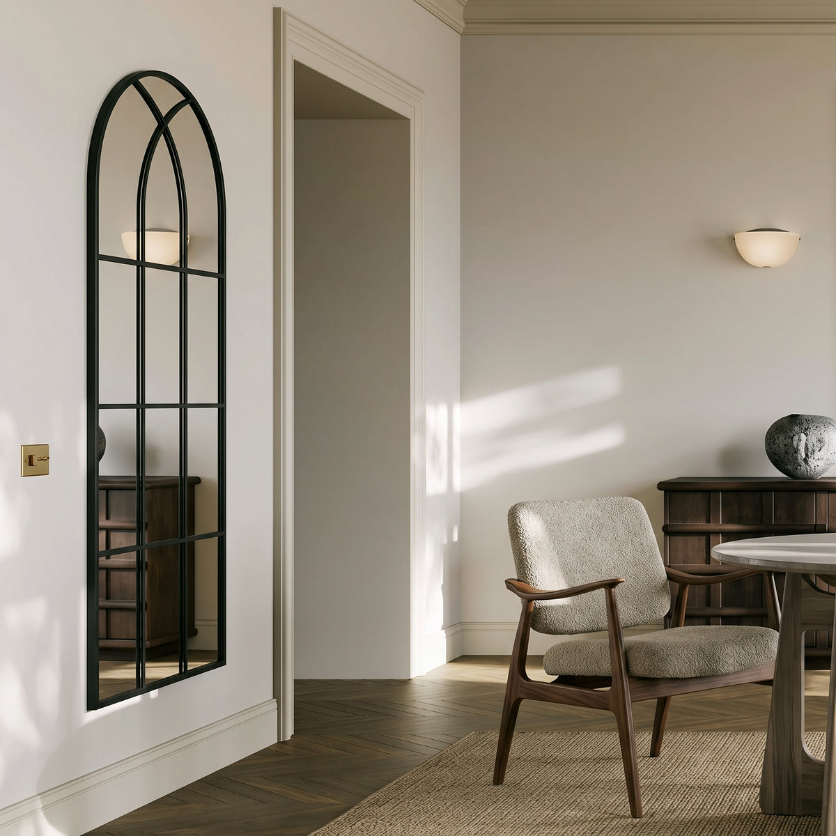 August black full-length windowpane mirror, 24W x 65H, in a furnished interior, angled view