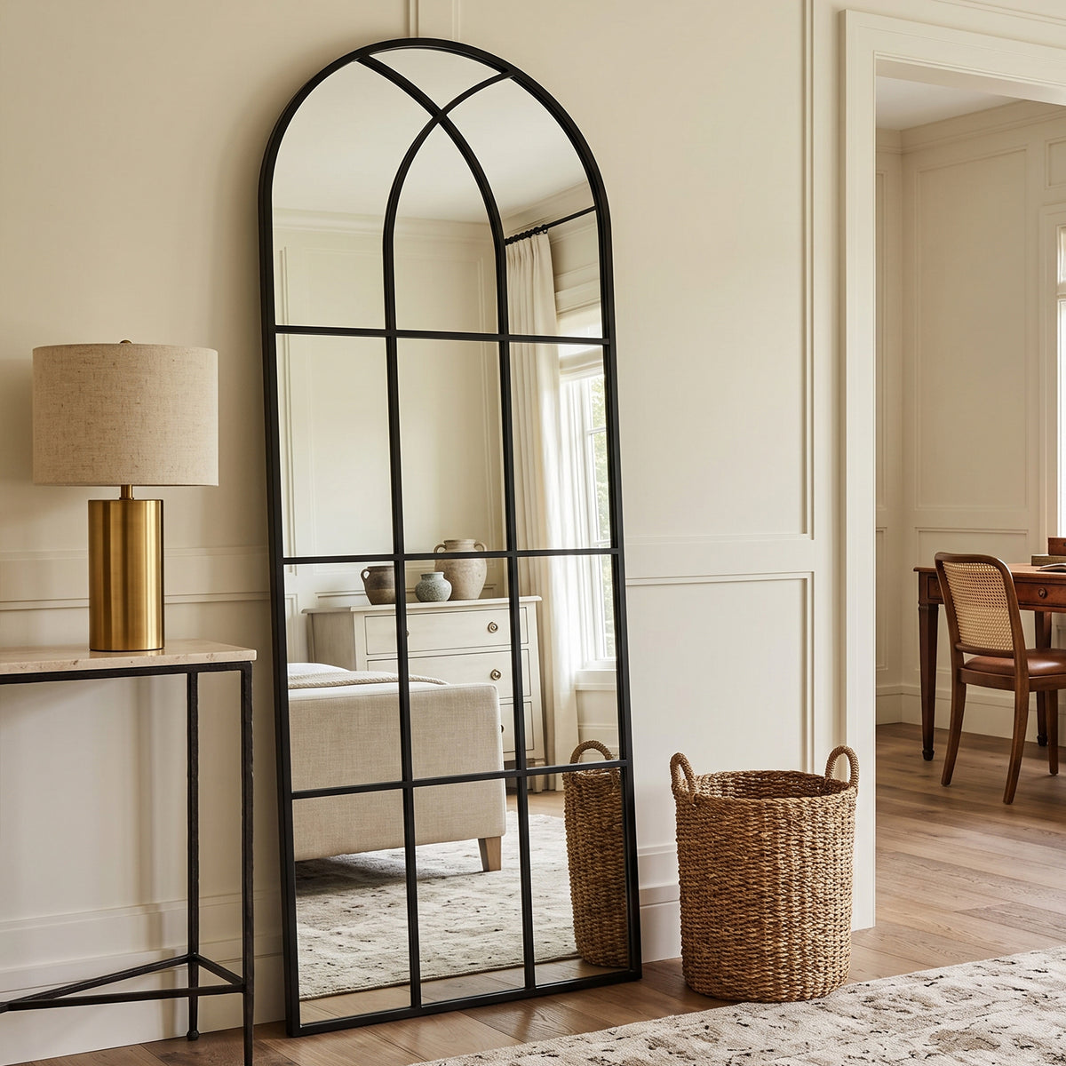 August black full-length windowpane mirror, 30W x 71H, in a furnished interior, angled view