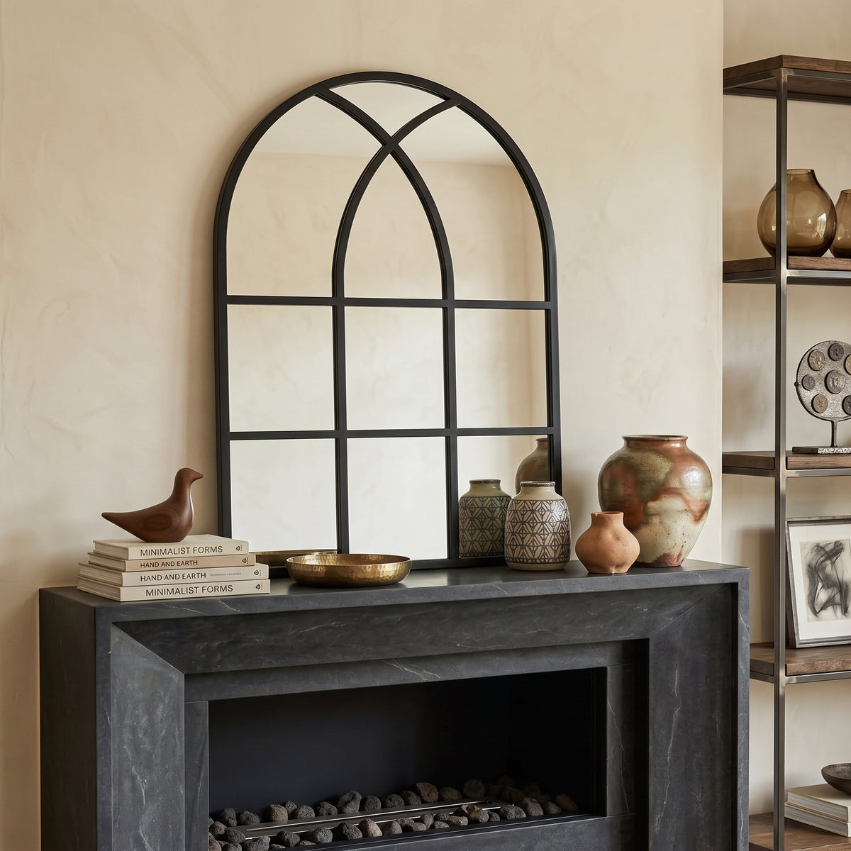 August black wall windowpane mirror, 24W x 36H, in a furnished interior, angled view