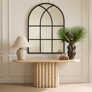 August black wall windowpane mirror, 24W x 36H, in a furnished interior
