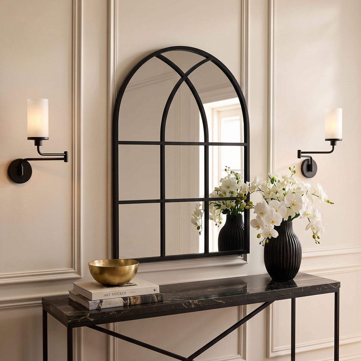 August black wall windowpane mirror, 30W x 40H, in a furnished interior, angled view