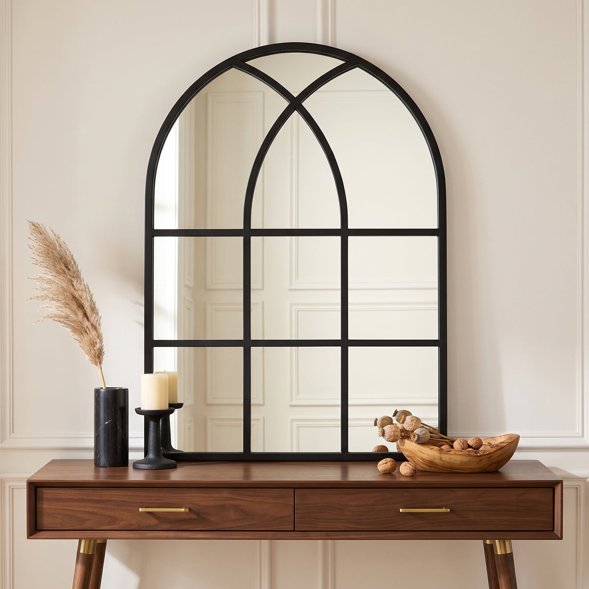 August black wall windowpane mirror, 30W x 40H, in a furnished interior
