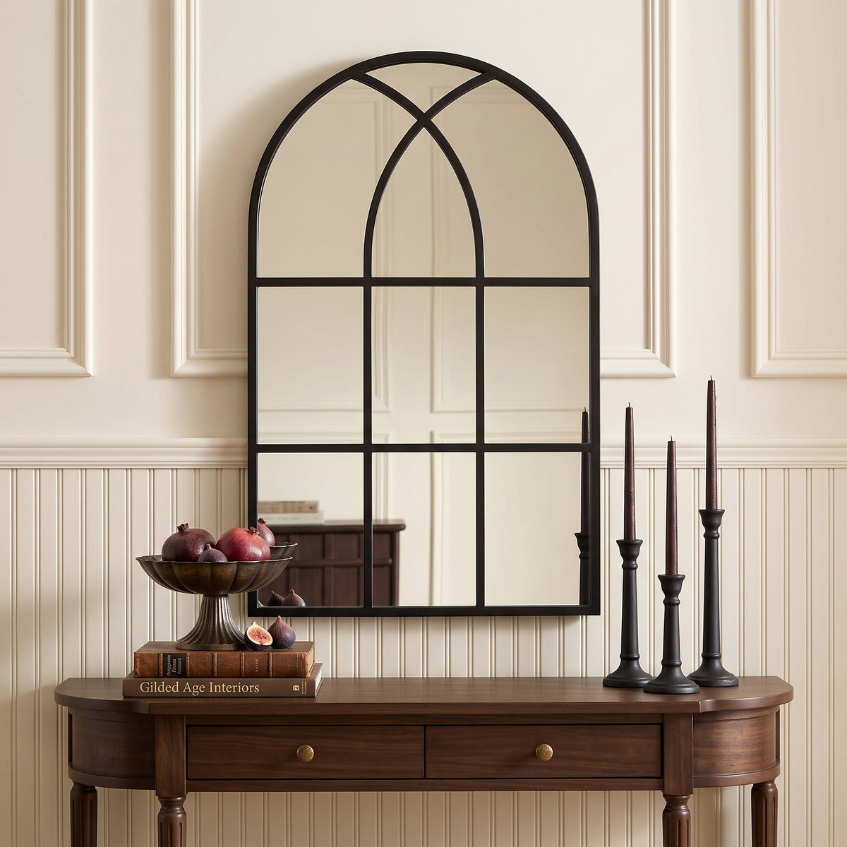August black wall windowpane mirror, 30W x 48H, in a furnished interior