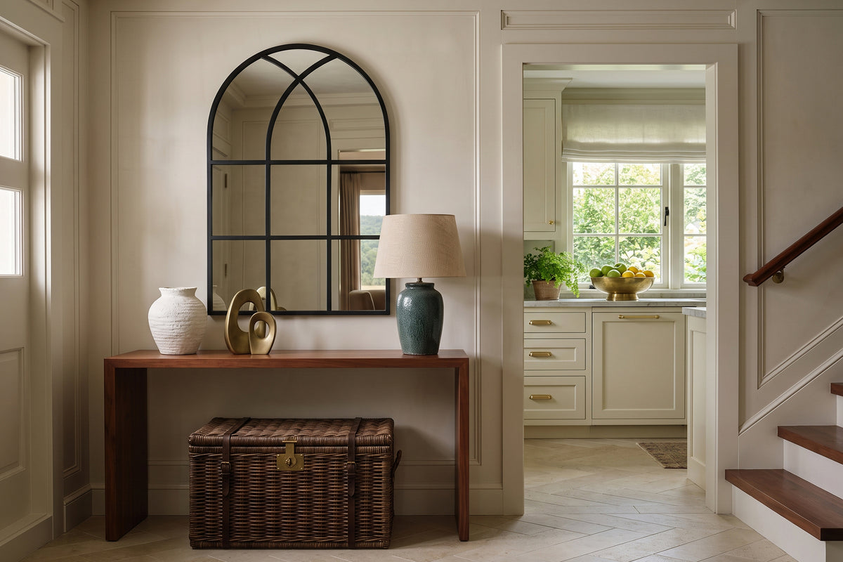 August black wall windowpane mirror above an entryway console