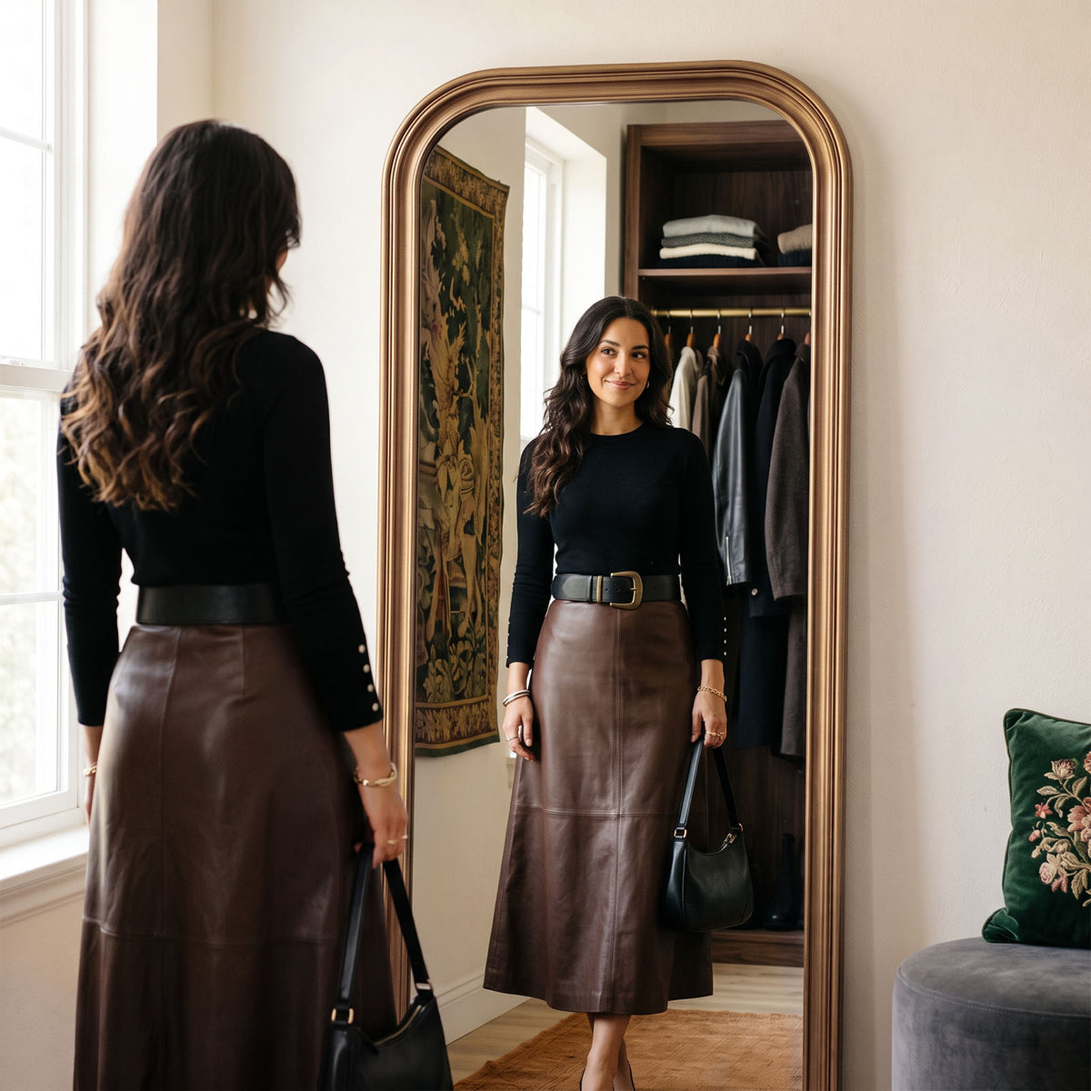 Estelle antique gold full-length mirror with a person using the mirror