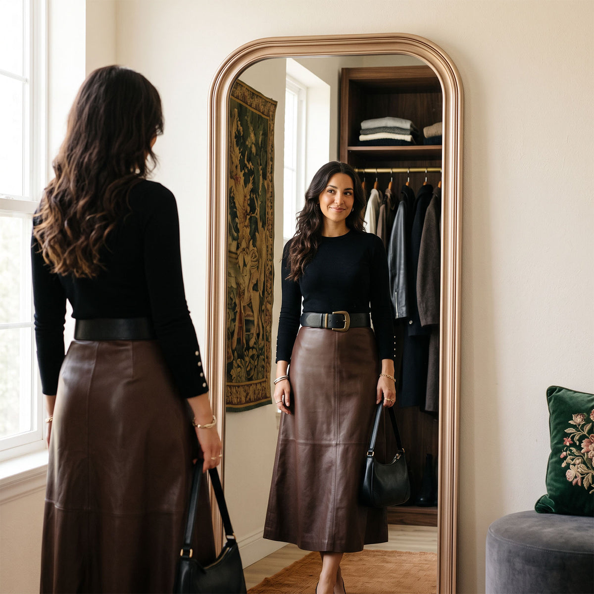 Estelle antique silver full-length mirror with a person using the mirror