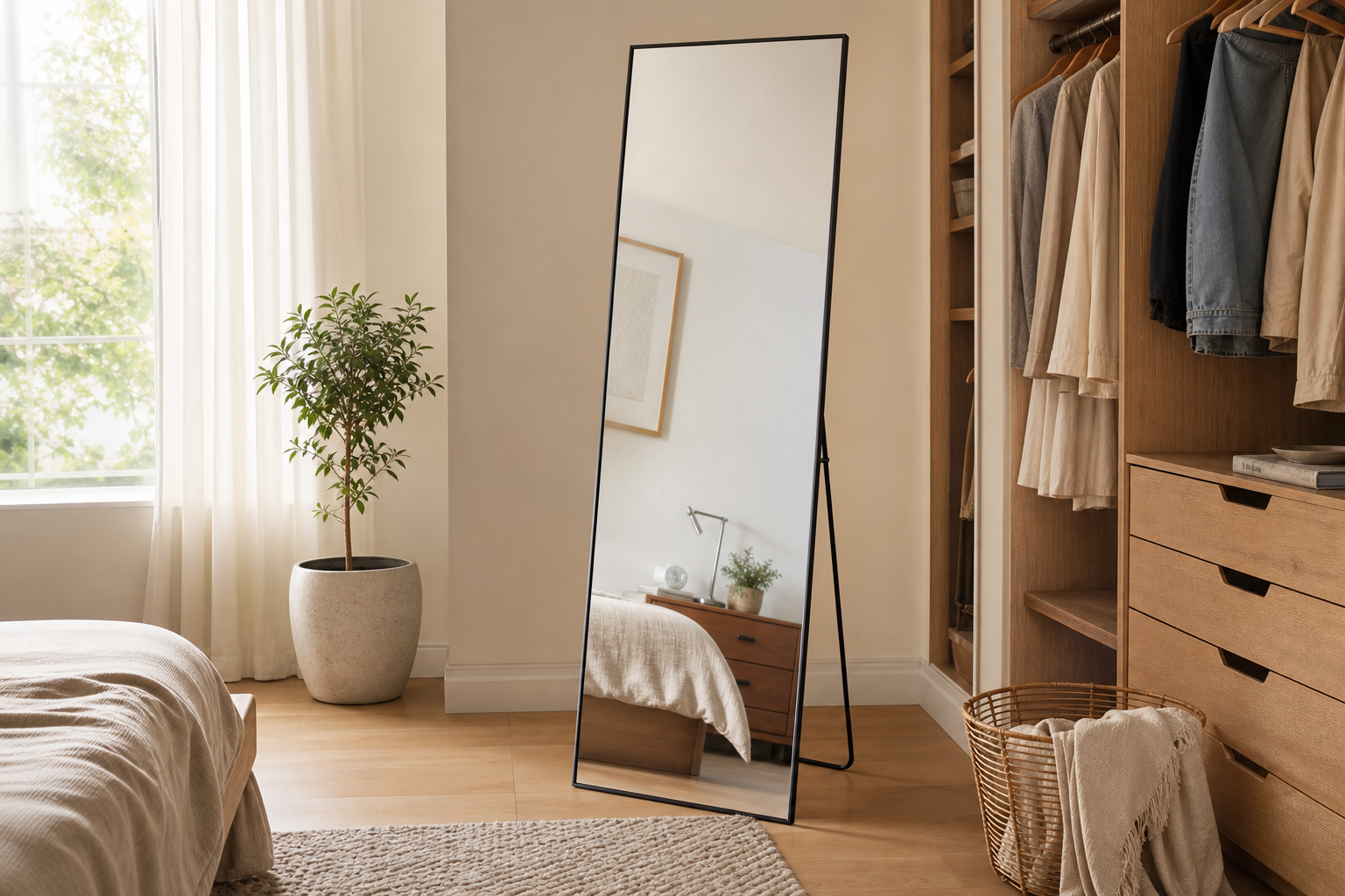 Jeffrey black rectangular full-length mirror on its integrated stand in a bright dressing area