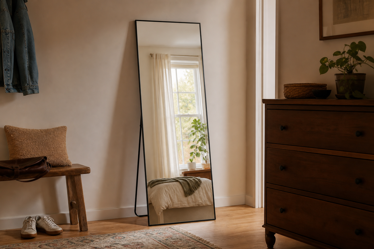Jeffrey black rectangular full-length mirror on its integrated stand in a warm bedroom corner