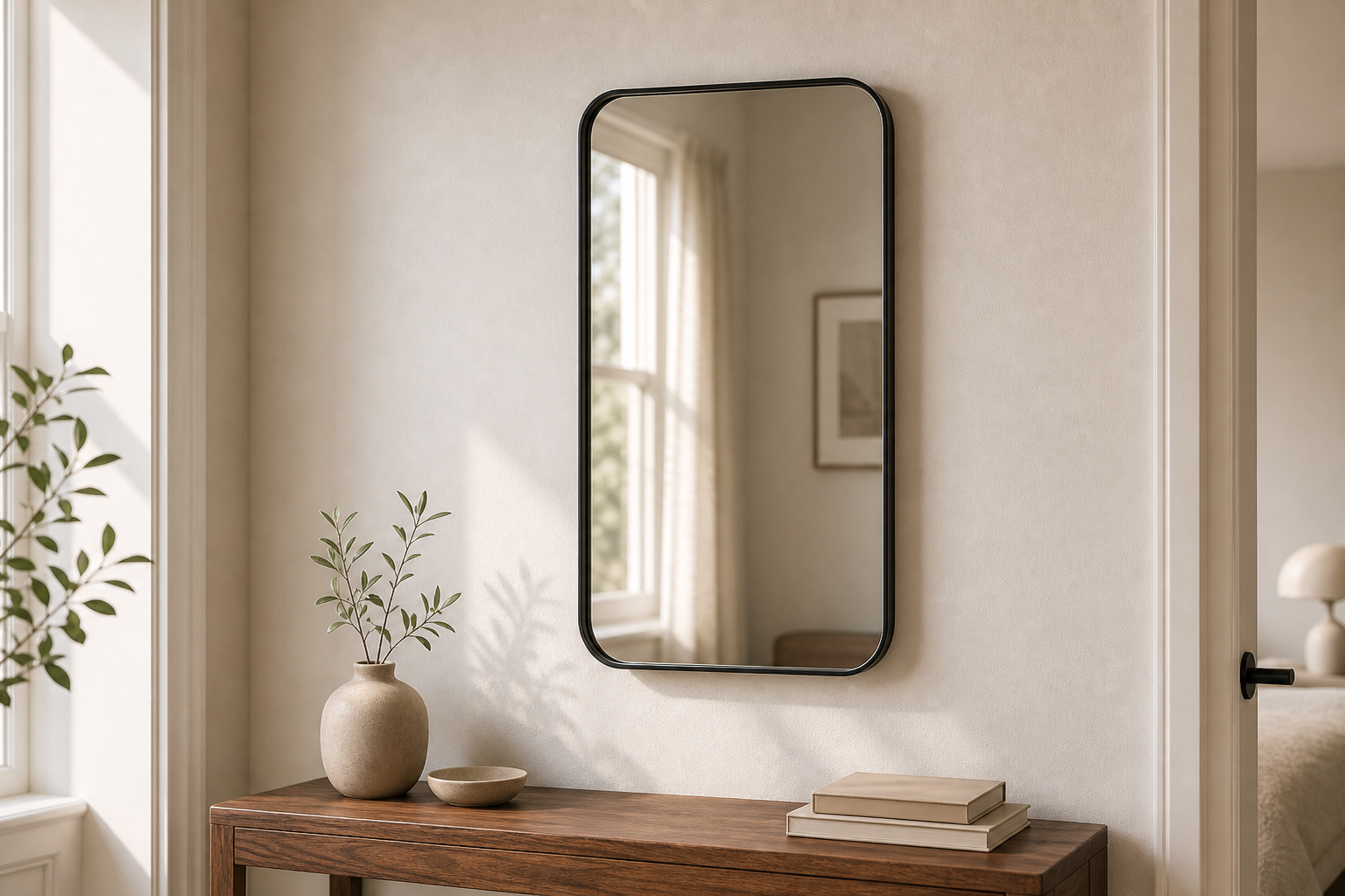 Theo rounded-corner wall mirror in a calm bedroom nook