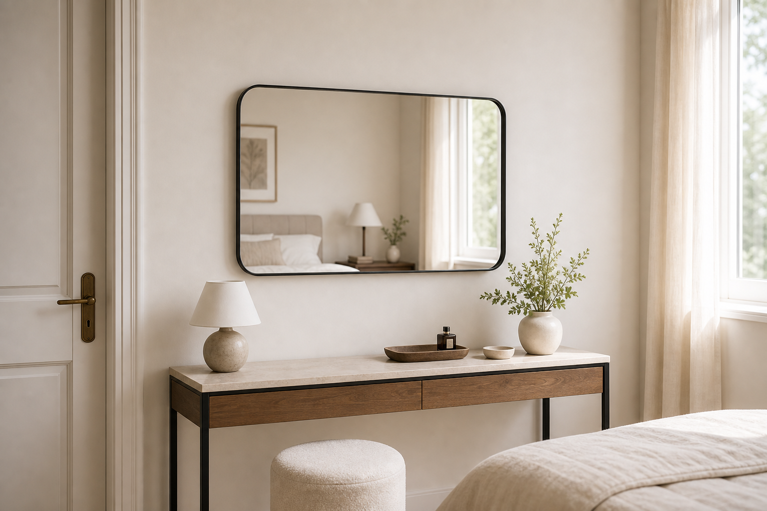Theo rounded-corner wall mirror mounted horizontally above a console
